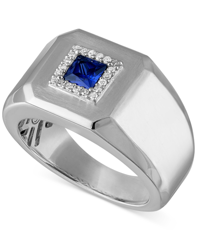 Shop Esquire Men's Jewelry Men's Lab Created Sapphire (1/2 Ct. T.w.) & Diamond (1/10 Ct. T.w.) Ring In Sterling Silver
