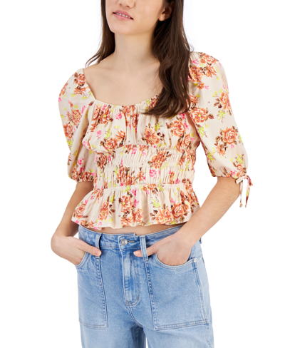 Shop Love, Fire Juniors' Puff-sleeve Smocked Peplum Top In Cream Floral
