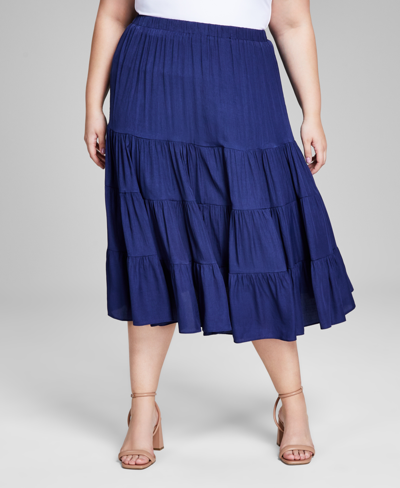 Shop And Now This Plus Size Pull-on Tiered Midi Skirt In Navy