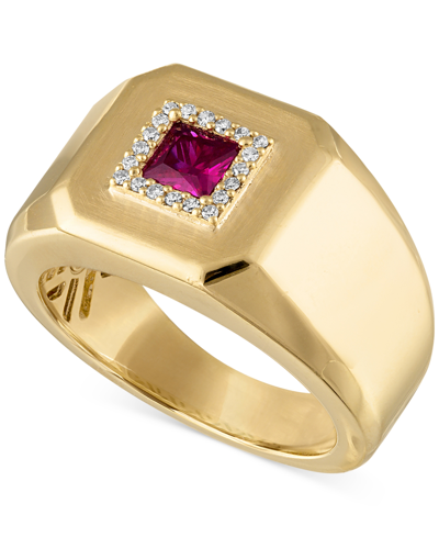 Shop Esquire Men's Jewelry Lab-created Ruby (1/2 Ct. T.w.) & Diamond (1/10 Ct. T.w.) Halo Ring In Gold-plated Sterling Silver,  In Gold Over Silver