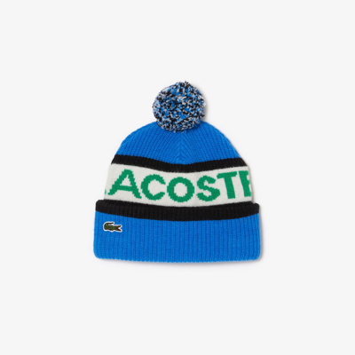 Shop Lacoste Unisex Wool Logo Beanie With Pompom - One Size In Blue