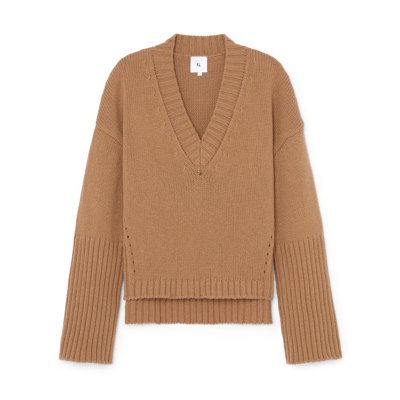 Shop G. Label By Goop Figliozzi V-neck High-cuff Sweater In Camel