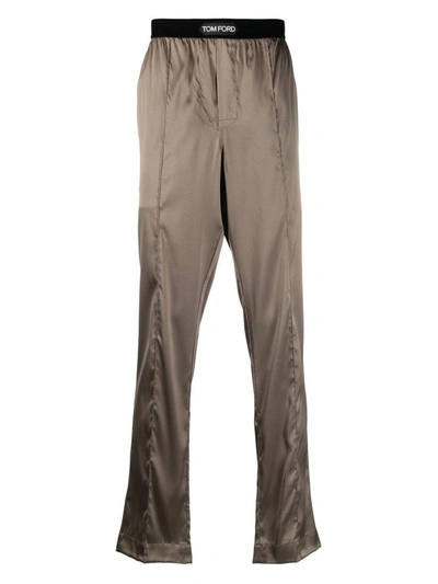 Tom Ford Logo-waist Silk Pajama Bottoms In Brown