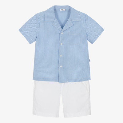 Shop Il Gufo Boys Blue Striped Cotton Shorts Set