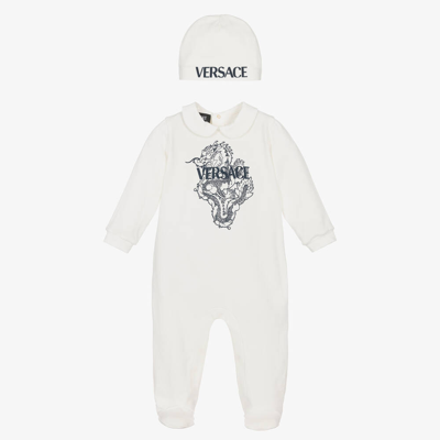 Shop Versace Ivory Cotton Babysuit Set