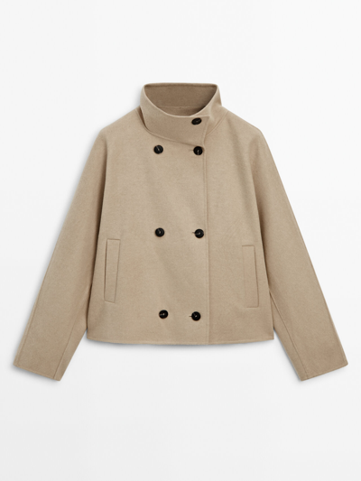 Shop Massimo Dutti Cropped Double-faced Wool-blend Double-breasted Coat In Beige