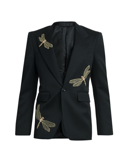 Shop Alexander Mcqueen Men's Dragonfly Embroidered Jacket In Black