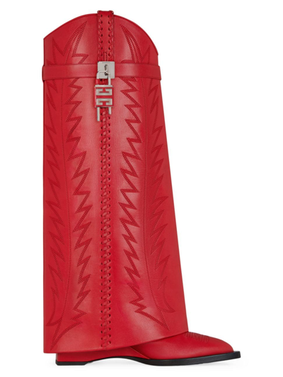 Shop Givenchy Women's Shark Lock Cowboy Boots In Leather With Western Pattern In Red