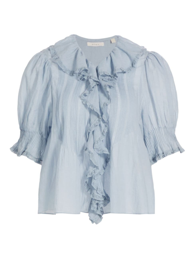 Shop D Ô E N Women's Henri Cotton Ruffled Blouse In French Blue