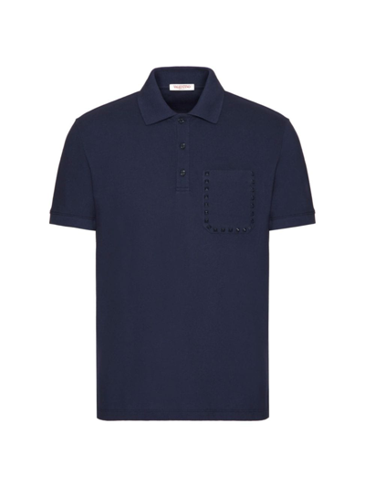 Shop Valentino Men's Cotton Piqué Polo Shirt With Rockstud Untitled Studs In Navy