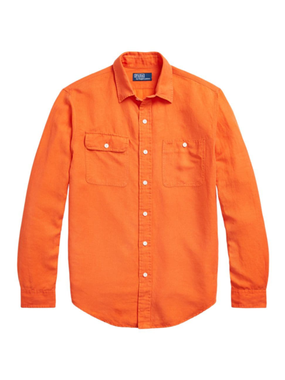 Shop Polo Ralph Lauren Men's Silk-linen Long-sleeve Sport Shirt In Sailing Orange