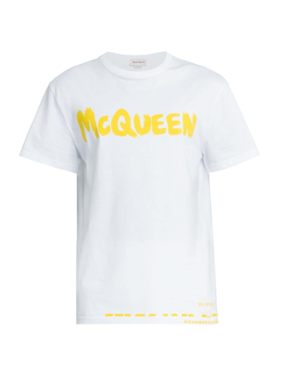 Shop Alexander Mcqueen Men's Graffiti Print Crewneck T-shirt In White Yellow
