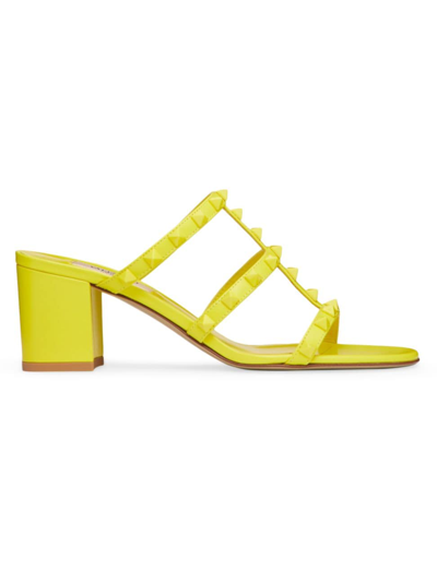Shop Valentino Women's Rockstud Slider Sandals In Calfskin With Tone-on-tone Studs 60mm In Yellow