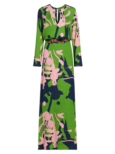 Shop Silvia Tcherassi Women's Ravenna Belted Long-sleeve Maxi Dress In Verdi Pink Blossom Burst