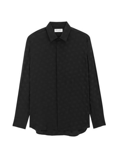 Shop Saint Laurent Men's Shirt In Dotted Shiny And Matte Silk In Black