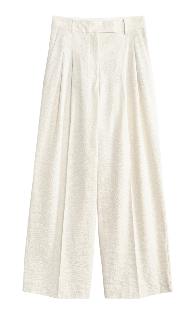 Shop By Malene Birger Textured Cotton Pleated Wide-leg Trousers In Ivory