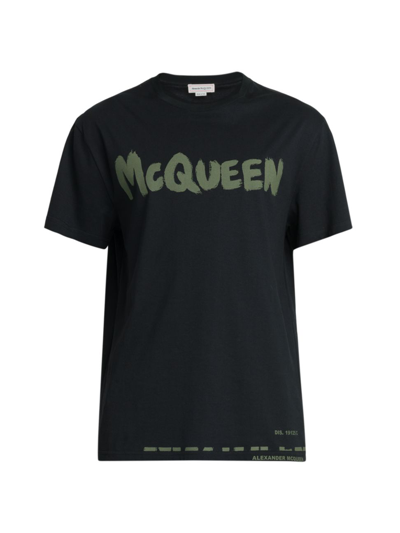 Shop Alexander Mcqueen Men's Graffiti Print Crewneck T-shirt In Black Khaki