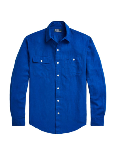 Shop Polo Ralph Lauren Men's Silk-linen Long-sleeve Sport Shirt In Sapphire Star