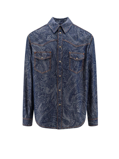 Shop Etro Paisley Jacquard Denim Shirt In Blue
