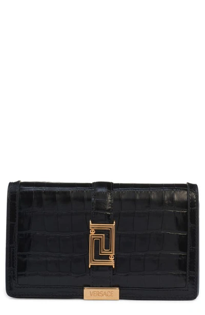Shop Versace La Greca Croc Embossed Leather Wallet On A Chain In Black/  Gold