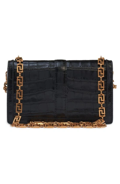 Shop Versace La Greca Croc Embossed Leather Wallet On A Chain In Black/  Gold