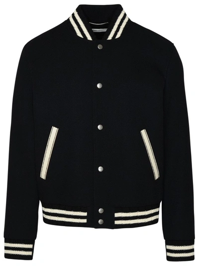 Shop Saint Laurent Black Wool Bomber Jacket