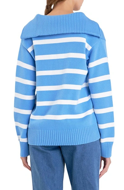 Shop English Factory Stripe Cotton Zip Pullover In Blue/ White