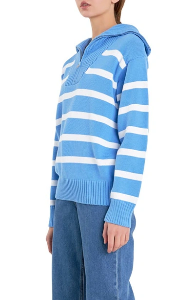 Shop English Factory Stripe Cotton Zip Pullover In Blue/ White
