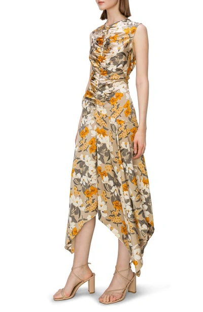 Shop Melloday Floral Print Ruched Satin Midi Dress In Grey Orange Floral Print