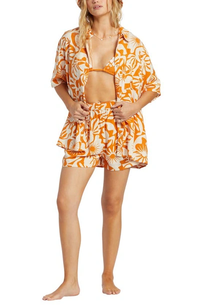 Shop Billabong On Vacation Oversize Floral Button-up Shirt In Dried Mango