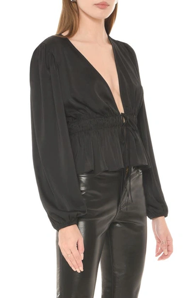 Wayf Kara Tie Front Long Sleeve Peplum Top In Black