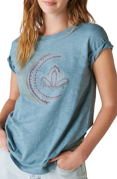 Shop Lucky Brand Moon Embellished Cotton Graphic T-shirt In Blue Mirage