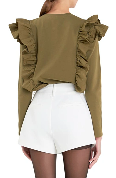 English Factory Women's Poplin Ruffle Detail T-shirt In Olive