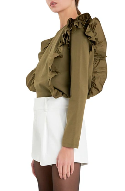 Shop English Factory Poplin Ruffle Trim Shirt In Olive