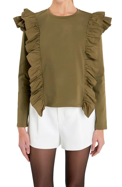 Shop English Factory Poplin Ruffle Trim Shirt In Olive