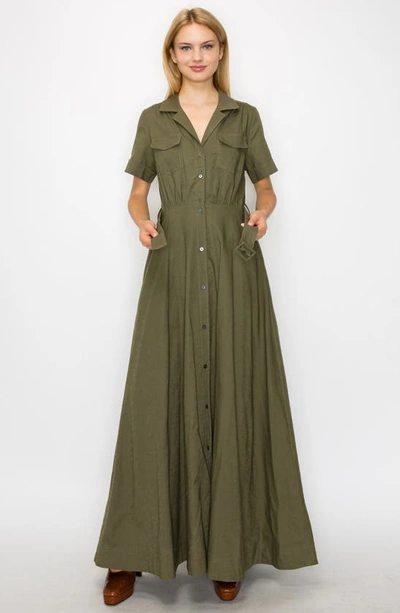 Shop Melloday Belted Linen Blend Maxi Shirtdress In Olive
