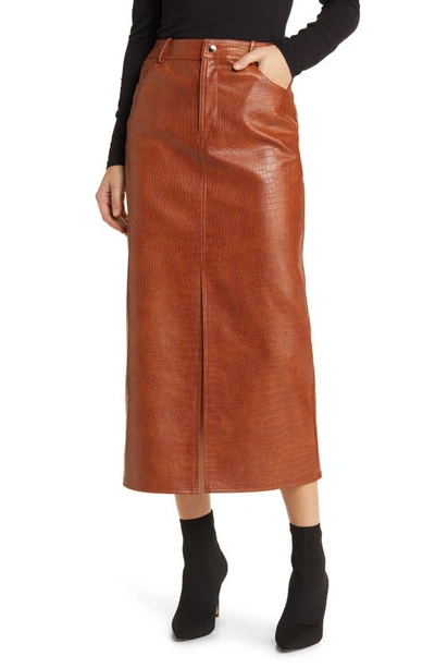 Shop Wayf Roberta Croc Embossed Faux Leather Midi Skirt In Brown