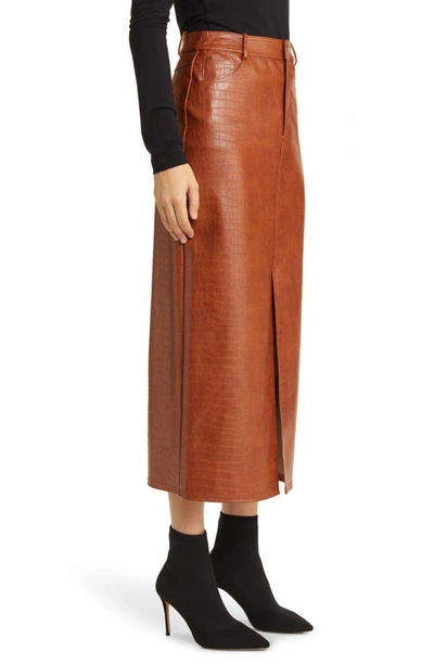 Shop Wayf Roberta Croc Embossed Faux Leather Midi Skirt In Brown