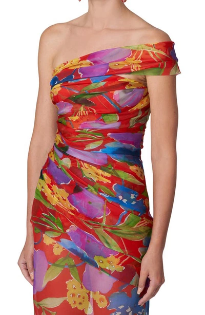 Shop Carolina Herrera Floral Print Ruched One Shoulder Silk Dress In Lacquer Red Mul