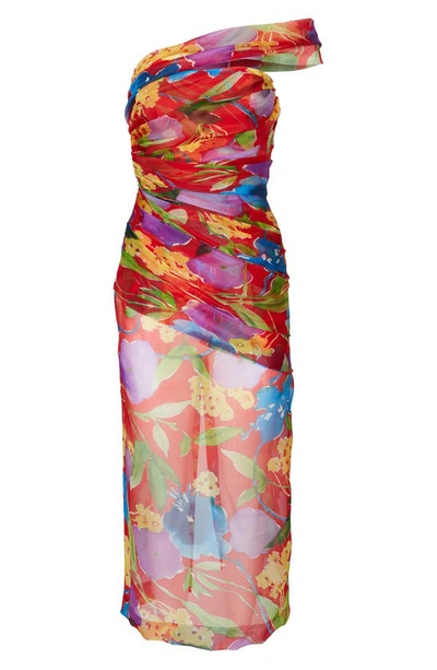 Shop Carolina Herrera Floral Print Ruched One Shoulder Silk Dress In Lacquer Red Mul