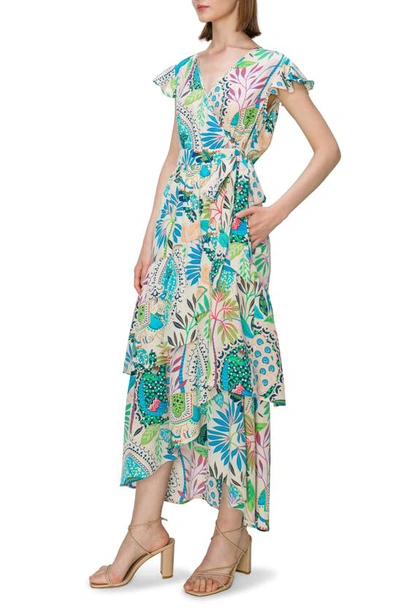 Shop Melloday Floral Print Flutter Sleeve Faux Wrap Midi Dress In Blue Multi