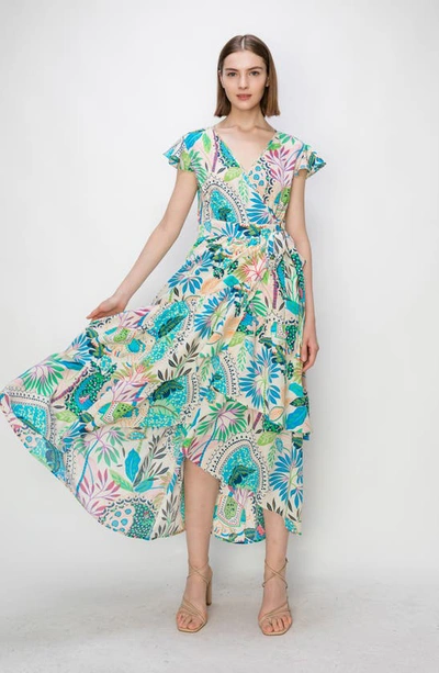 Shop Melloday Floral Print Flutter Sleeve Faux Wrap Midi Dress In Blue Multi
