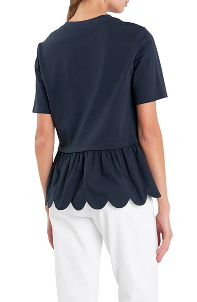 English Factory Mixed Media Scallop Peplum Cotton Top In Navy