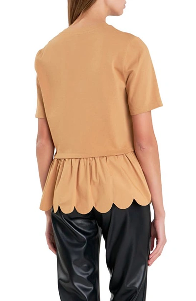 English Factory Mixed Media Scallop Peplum Cotton Top In Tan