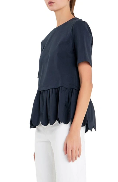 English Factory Mixed Media Scallop Peplum Cotton Top In Navy