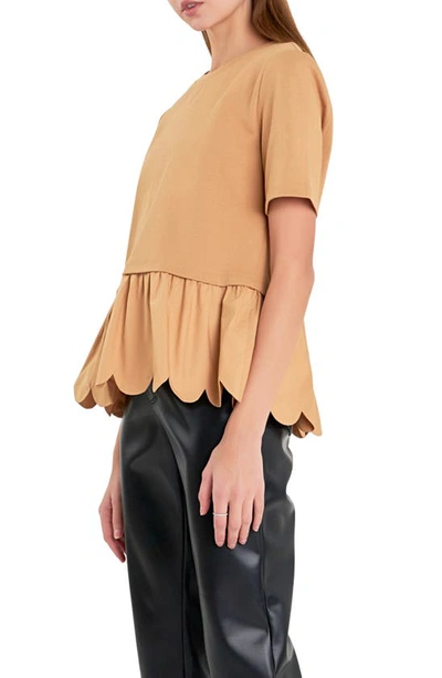 English Factory Mixed Media Scallop Peplum Cotton Top In Tan