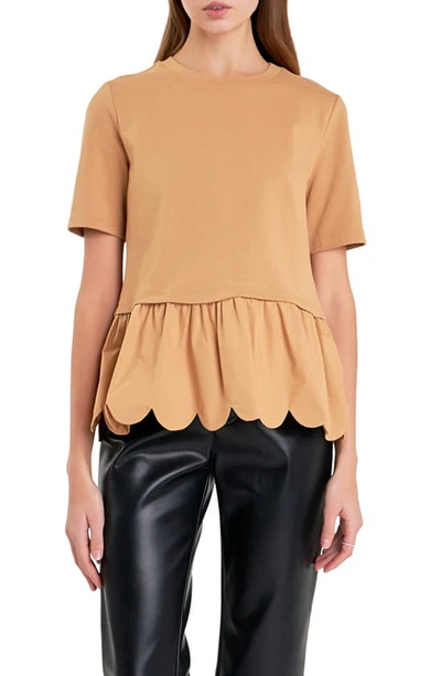 English Factory Mixed Media Scallop Peplum Cotton Top In Tan