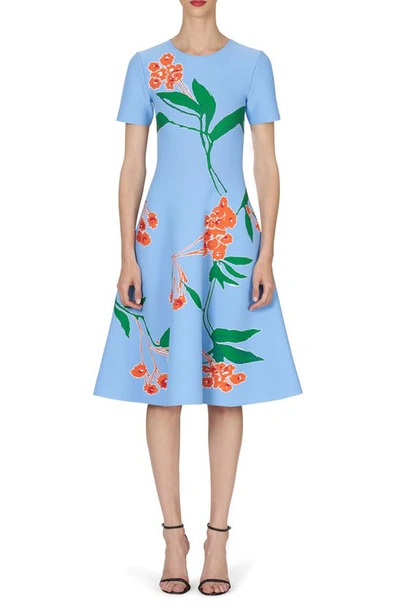 Shop Carolina Herrera Floral Print Jacquard Knit Fit & Flare Dress In Lake Blue Multi