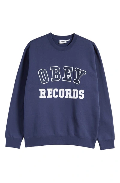 Shop Obey Records Logo Crewneck Sweatshirt In Academy Navy