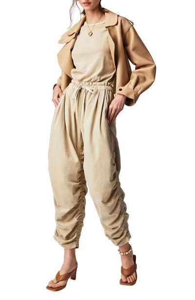 Shop Free People Ruched Mixed Media Cotton Jumpsuit In Sand Jam